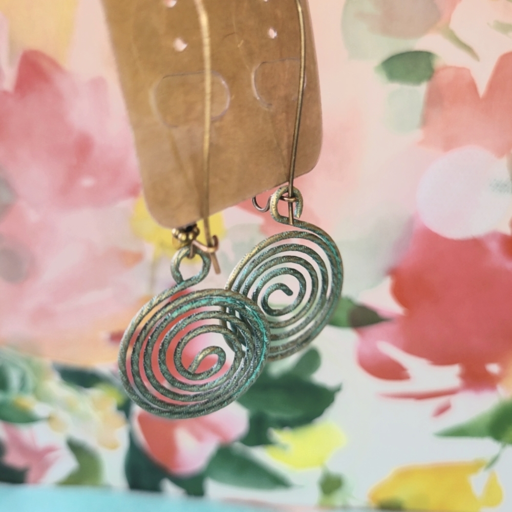 Antique gold and blue swirl earrings